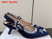 Dior Jadior Slingback Pump Blue Dior Oblique Embroidered Cotton and White Lace Replica