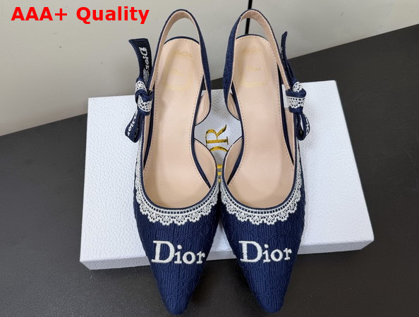 Dior Jadior Slingback Pump Blue Dior Oblique Embroidered Cotton and White Lace Replica