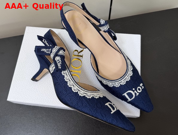 Dior Jadior Slingback Pump Blue Dior Oblique Embroidered Cotton and White Lace Replica
