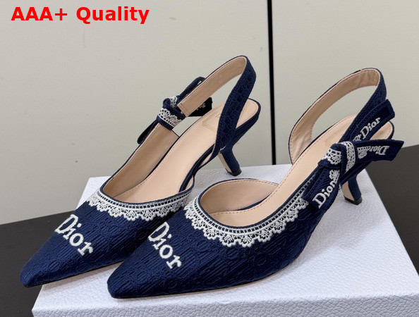 Dior Jadior Slingback Pump Blue Dior Oblique Embroidered Cotton and White Lace Replica