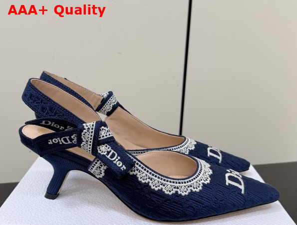 Dior Jadior Slingback Pump Blue Dior Oblique Embroidered Cotton and White Lace Replica