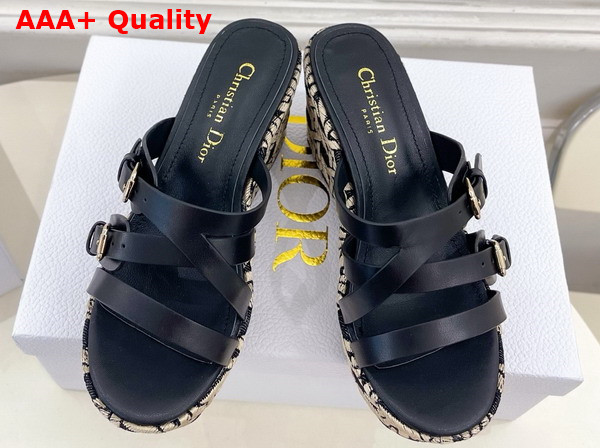 Dior L Amazone Dior Wedge Slide in Black Calfskin and Natural Graphic Cannage Raffia Replica