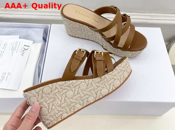 Dior L Amazone Dior Wedge Slide in Camel Calfskin and Natural Graphic Cannage Raffia Replica