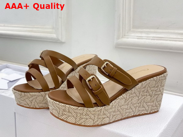 Dior L Amazone Dior Wedge Slide in Camel Calfskin and Natural Graphic Cannage Raffia Replica
