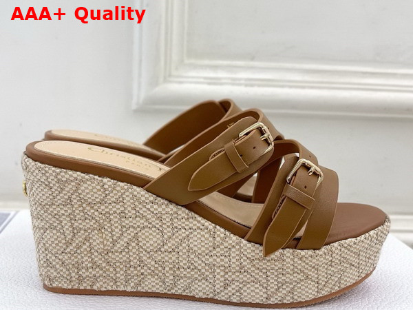 Dior L Amazone Dior Wedge Slide in Camel Calfskin and Natural Graphic Cannage Raffia Replica