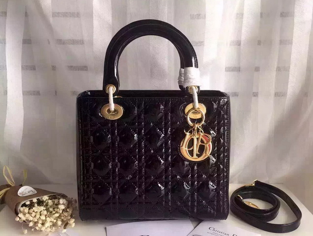 Dior Lady Dior Bag Black Patent Leather Gold Hardwares for Sale