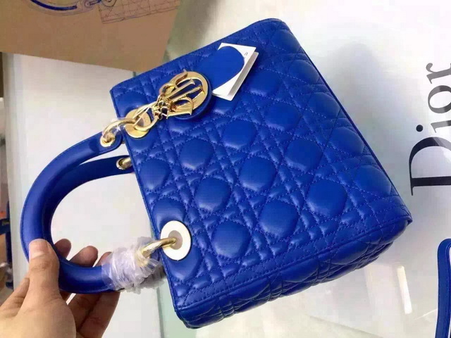 Dior Lady Dior Bag Blue Lambskin Gold Hardware for Sale