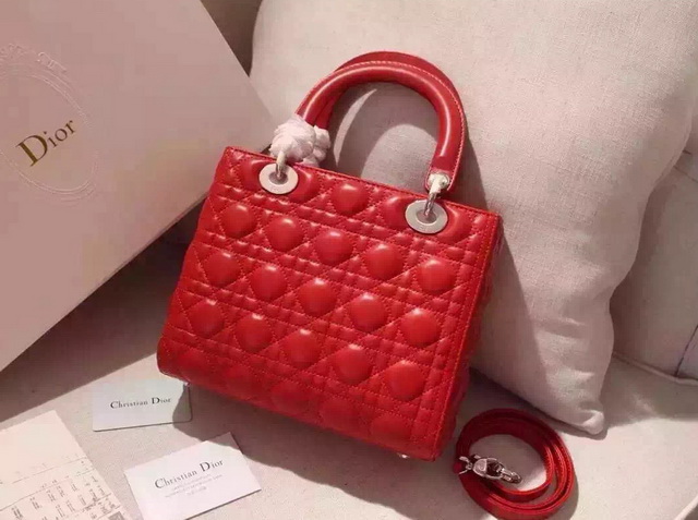 Dior Lady Dior Bag Red Lambskin Silver Hardware for Sale