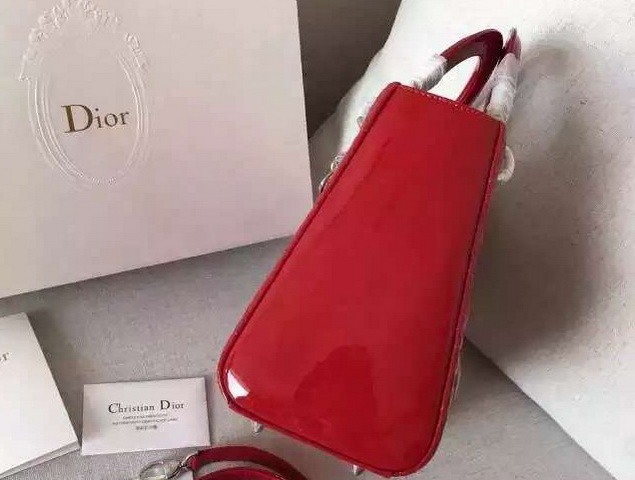 Dior Lady Dior Bag Red Patent Lambskin Silver Hardware for Sale