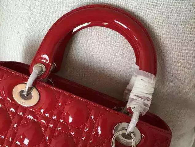 Dior Lady Dior Bag Red Patent Lambskin Silver Hardware for Sale
