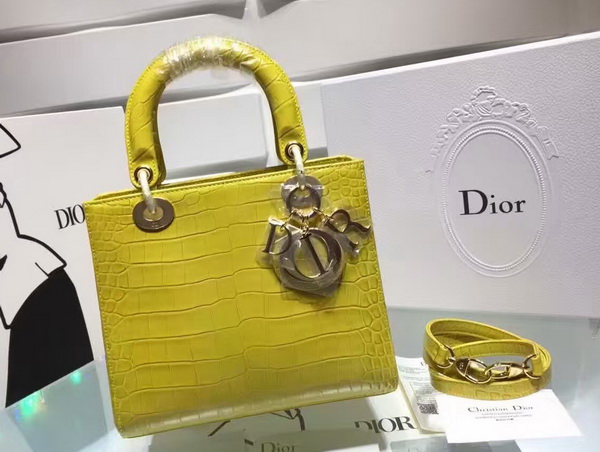 Dior Lady Dior Bag Yellow Crocodile Light Gold Tone Jewellery for Sale