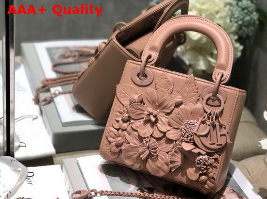 Dior Lady Dior Bag in Nude Lambskin with Embroidered Flowers Replica