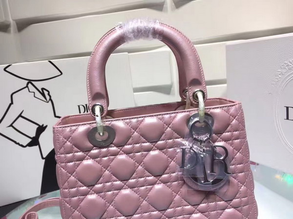 Dior Lady Dior Bag in Pearl Pink Lambskin with Silver Tone Jewellery For Sale