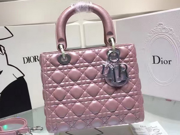 Dior Lady Dior Bag in Pearl Pink Lambskin with Silver Tone Jewellery For Sale