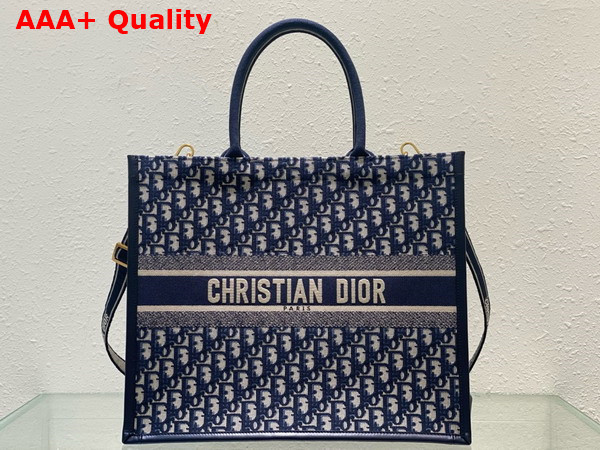 Dior Large Dior Book Tote Blue Dior Oblique Embroidery and Calfskin Replica