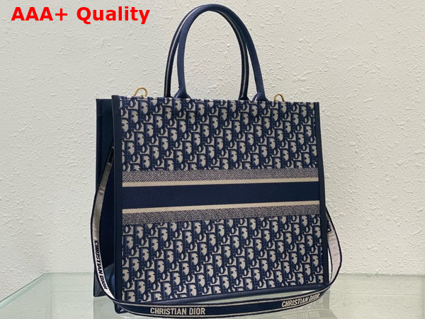 Dior Large Dior Book Tote Blue Dior Oblique Embroidery and Calfskin Replica