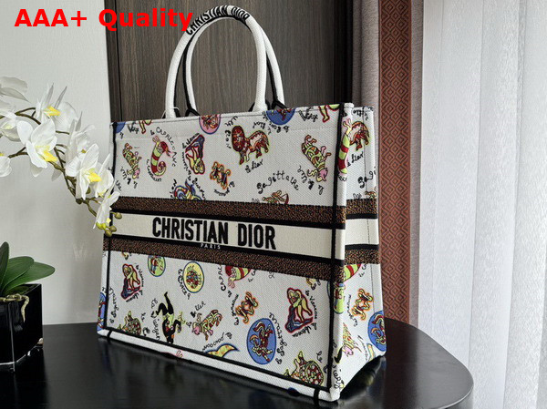 Dior Large Dior Book Tote White Multicolor Dragon Zodiac Embroidery Replica