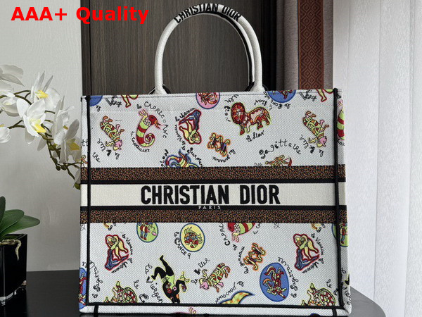 Dior Large Dior Book Tote White Multicolor Dragon Zodiac Embroidery Replica