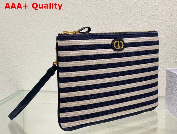 Dior Large Dior Caro Daily Pouch Natural and Denim Blue Mariniere Raffia Replica