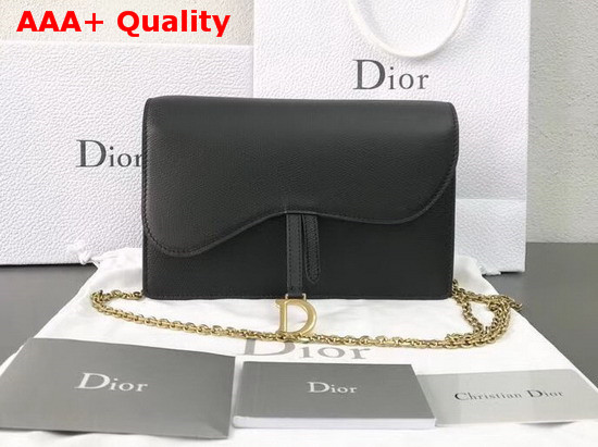 Dior Large Saddle Wallet on Chain Clutch in Black Calfskin Leather Replica