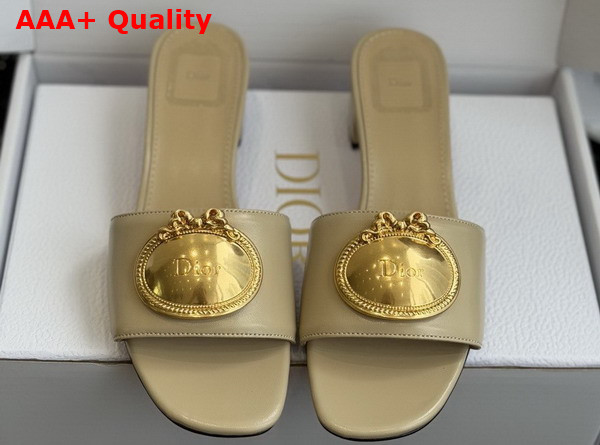 Dior Medaillon Buckle Heeled Slide in Beige Lambskin Replica