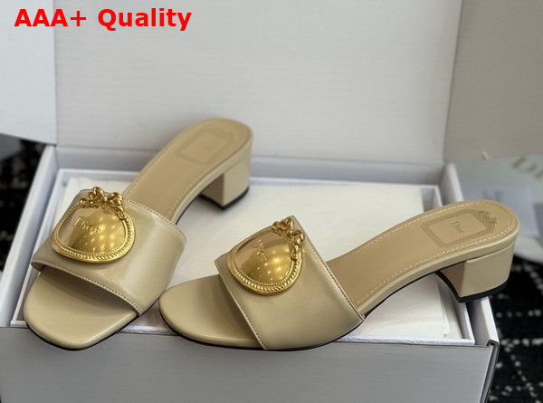 Dior Medaillon Buckle Heeled Slide in Beige Lambskin Replica
