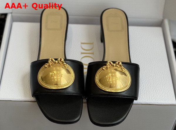 Dior Medaillon Buckle Heeled Slide in Black Lambskin Replica