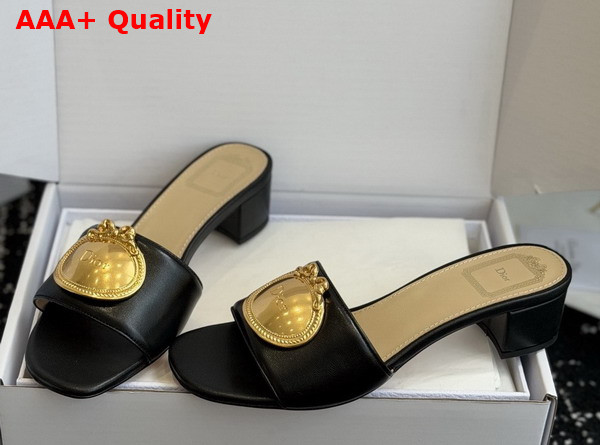 Dior Medaillon Buckle Heeled Slide in Black Lambskin Replica