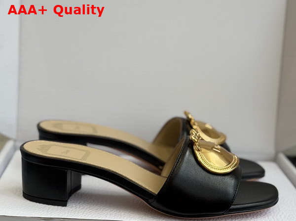 Dior Medaillon Buckle Heeled Slide in Black Lambskin Replica