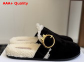 Dior Medaillon Buckle Mule in Black Suede Calfskin and Shearling Replica