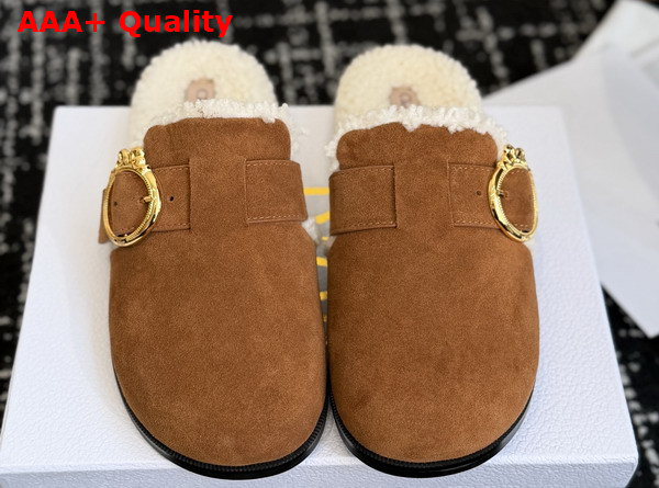Dior Medaillon Buckle Mule in Marron Suede Calfskin and Shearling Replica