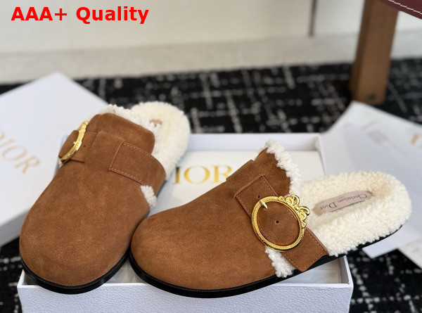 Dior Medaillon Buckle Mule in Marron Suede Calfskin and Shearling Replica