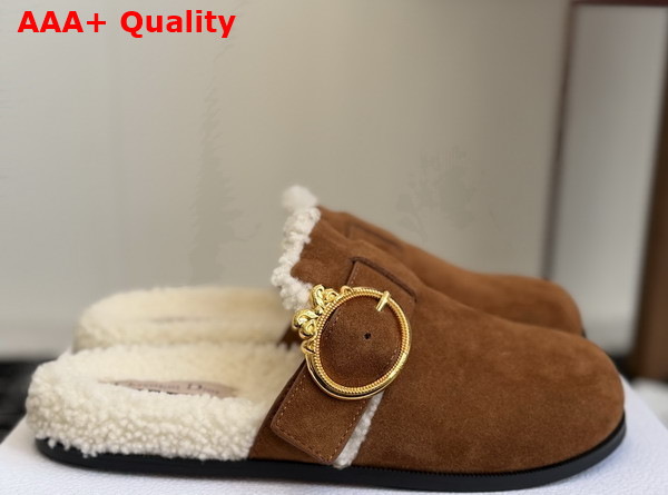 Dior Medaillon Buckle Mule in Marron Suede Calfskin and Shearling Replica