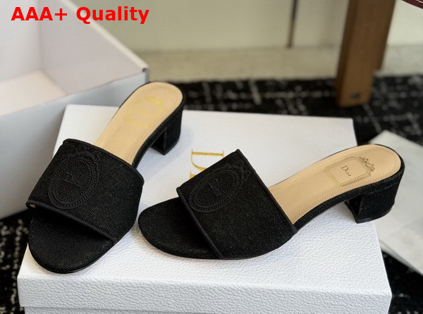 Dior Medaillon Heeled Slide in Black Cotton Denim Replica