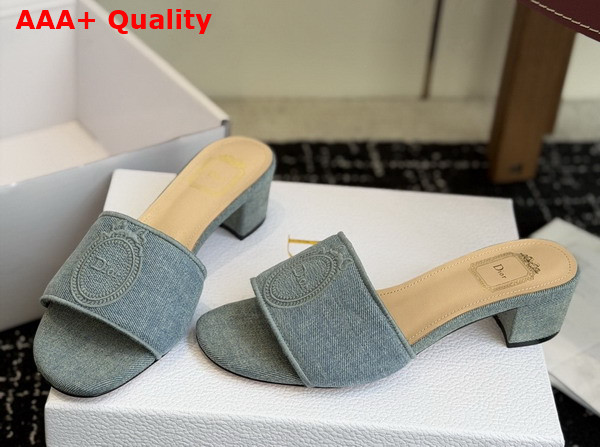 Dior Medaillon Heeled Slide in Light Blue Cotton Denim Replica