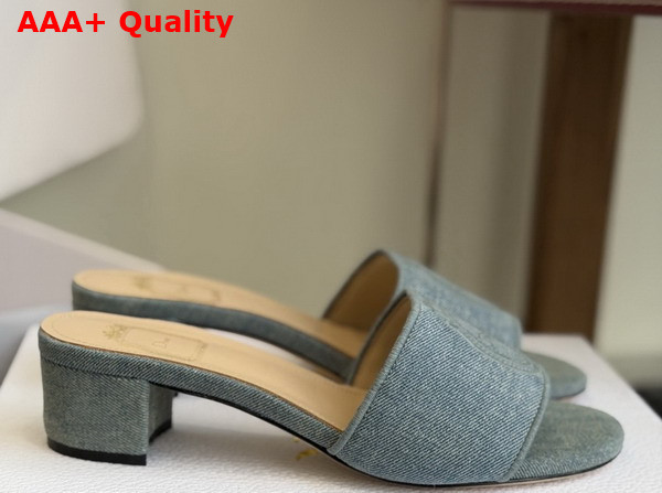 Dior Medaillon Heeled Slide in Light Blue Cotton Denim Replica
