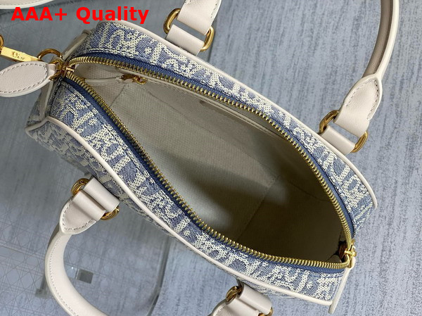 Dior Medium D Vibe Bowling Bag in Blue Dior Oblique Chambray with Raffia Effect and Light Biscuit Smooth Calfskin Replica