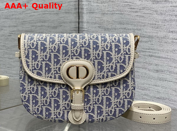 Dior Medium Dior Bobby Bag in Blue Dior Oblique Chambray with Raffia Effect and Light Biscuit Smooth Calfskin Replica