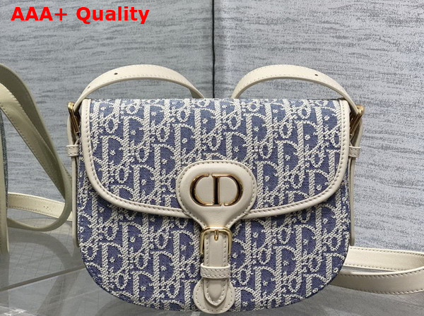 Dior Medium Dior Bobby Bag in Blue Dior Oblique Chambray with Raffia Effect and Light Biscuit Smooth Calfskin Replica