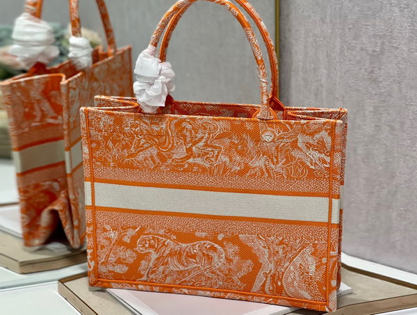 Dior Medium Dior Book Tote Fluorescent Orange Toile de Jouy Reverse Embroidery Replica