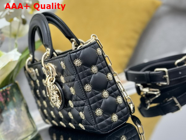 Dior Medium Lady D Joy Bag Black Cannage Lambskin with Gold Finish Sun Studs Replica