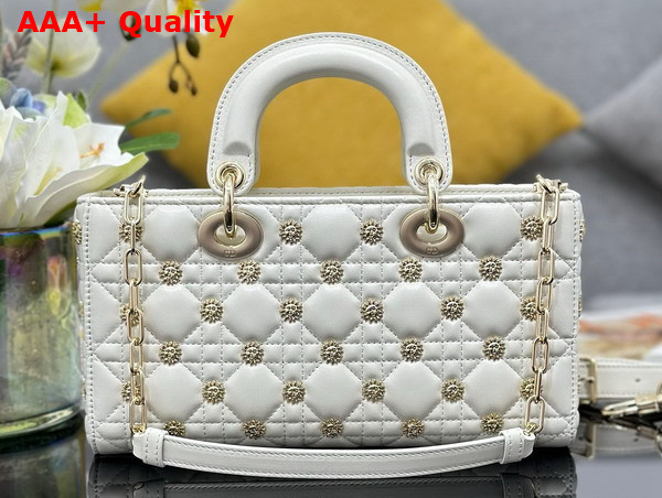 Dior Medium Lady D Joy Bag Latte Cannage Lambskin with Gold Finish Sun Studs Replica