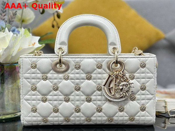 Dior Medium Lady D Joy Bag Latte Cannage Lambskin with Gold Finish Sun Studs Replica