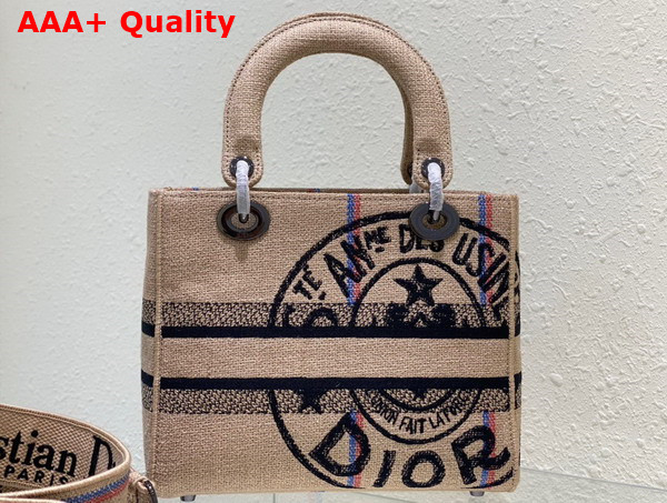 Dior Medium Lady D Lite Bag Beige Jute Canvas Embroidered with Dior Union Motif Replica