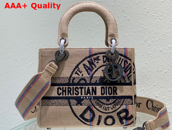 Dior Medium Lady D Lite Bag Beige Jute Canvas Embroidered with Dior Union Motif Replica