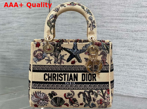 Dior Medium Lady D Lite Bag Beige Raffia with Multicolor Dior Cabinet de Curiosites Embroidery Replica