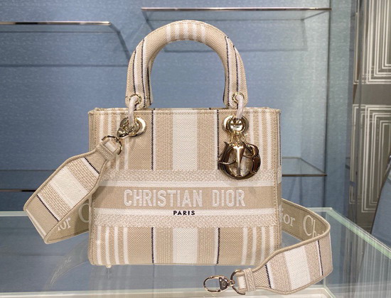 Dior Medium Lady D Lite Bag Beige Stripes Embroidery Replica