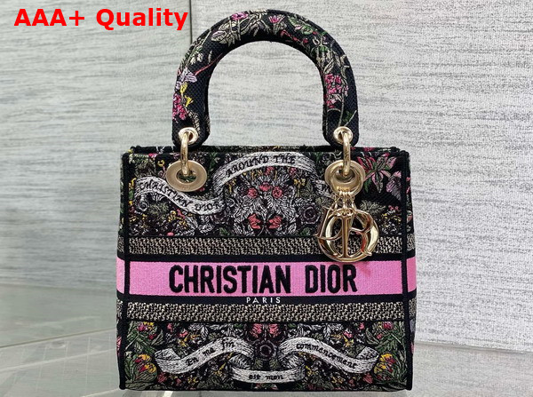 Dior Medium Lady D Lite Bag Black Embroidery with Multicolor Dior Around the World Motif Replica