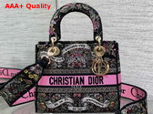 Dior Medium Lady D Lite Bag Black Embroidery with Multicolor Dior Around the World Motif Replica