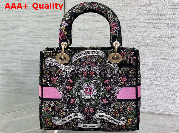 Dior Medium Lady D Lite Bag Black Embroidery with Multicolor Dior Around the World Motif Replica